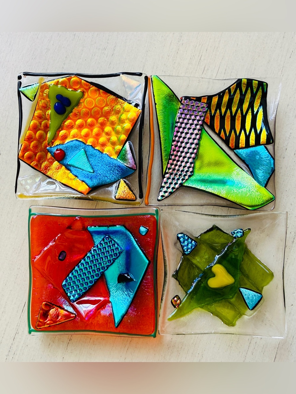 Signed Fused Dichroic Art Glass Mini Dishes Set of 4